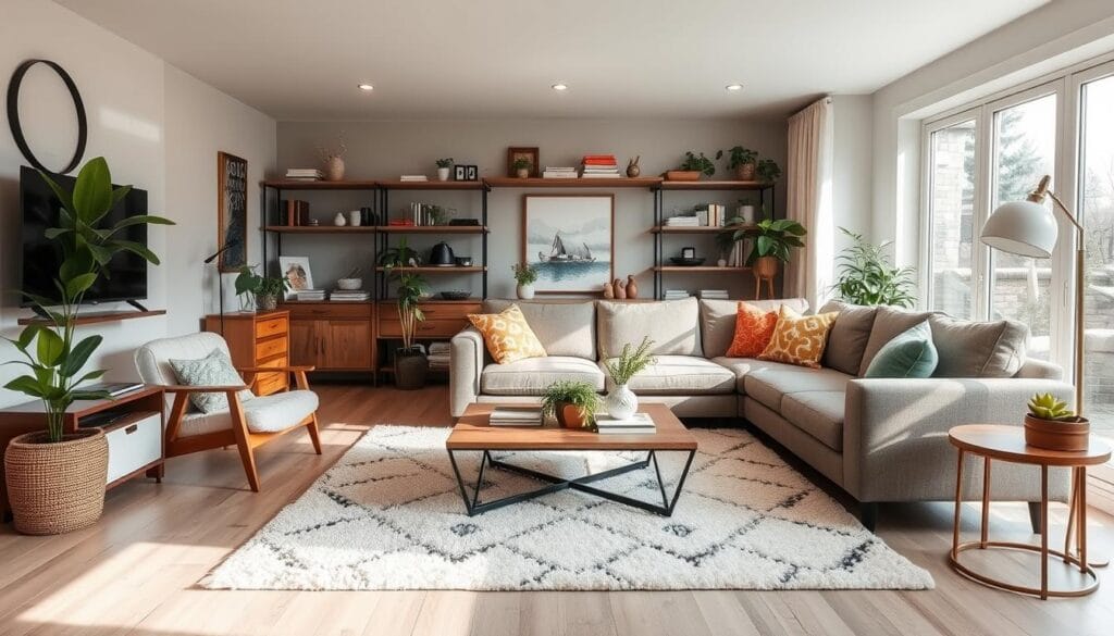 living room with indoor plants and wooden decor elements