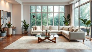 Cozy and classic living room with warm lighting and large wandow