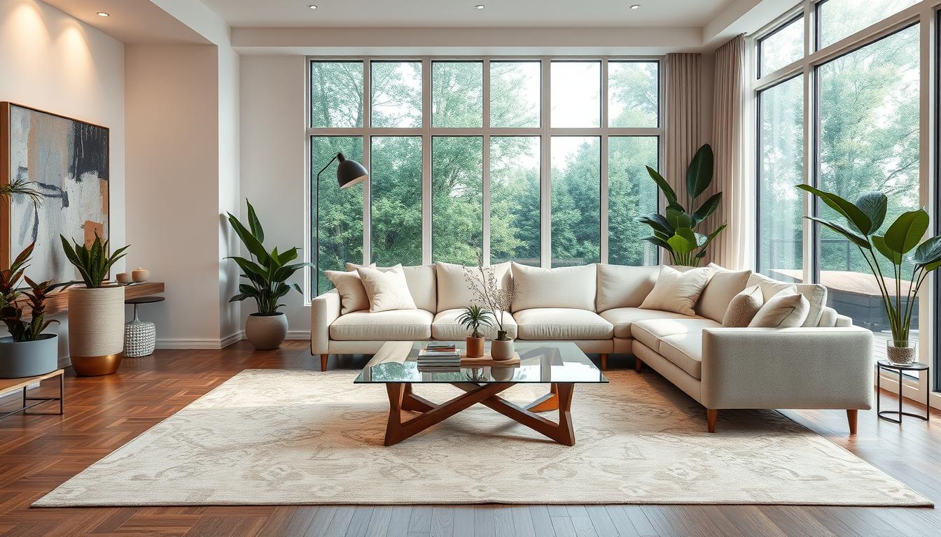 Cozy and classic living room with warm lighting and large wandow 