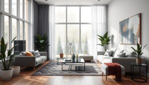 Minimalist living room design with clean lines and indoor plants