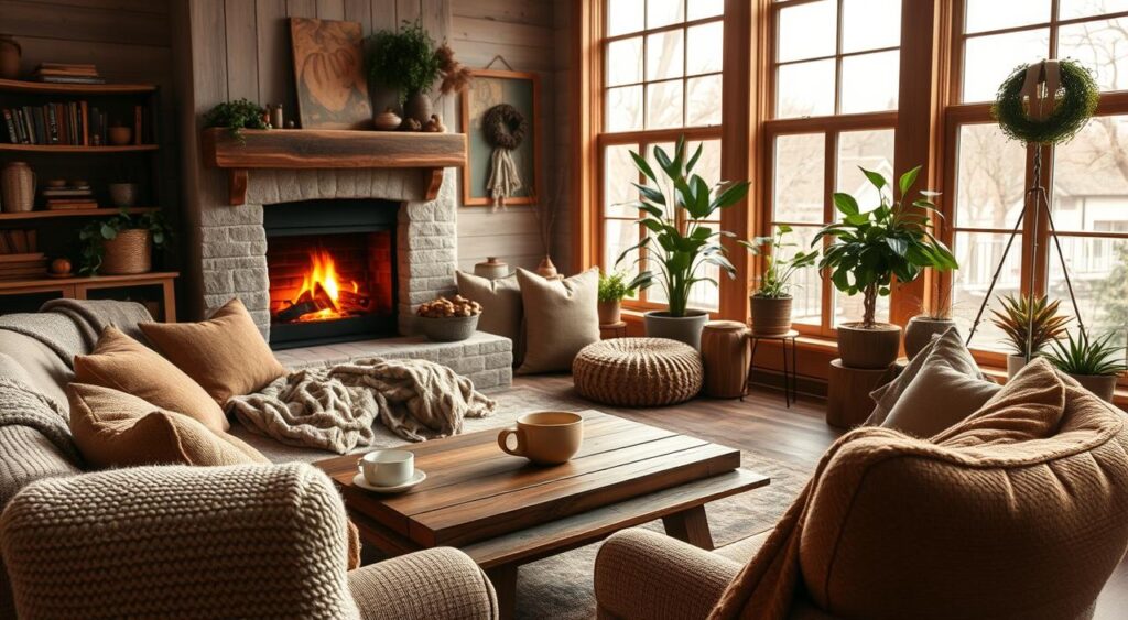 Neutral-toned small cozy living room with soft lighting and natural decor