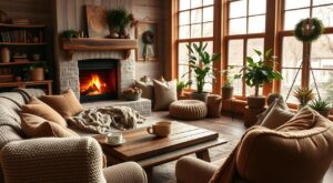 Neutral-toned small cozy living room with soft lighting and natural decor