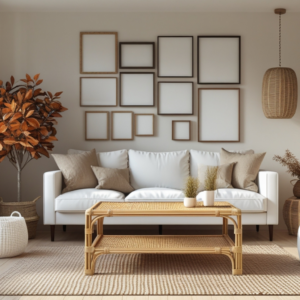 “Neutral beige-themed small living room decorating ideas featuring space-saving layout and light colors”