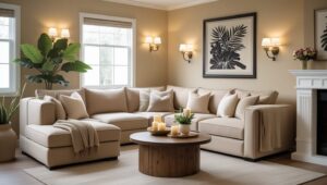 Cozy small living room with white and natural tones, warm ambient lighting, candles, and abstract wall art for a tranquil atmosphere.