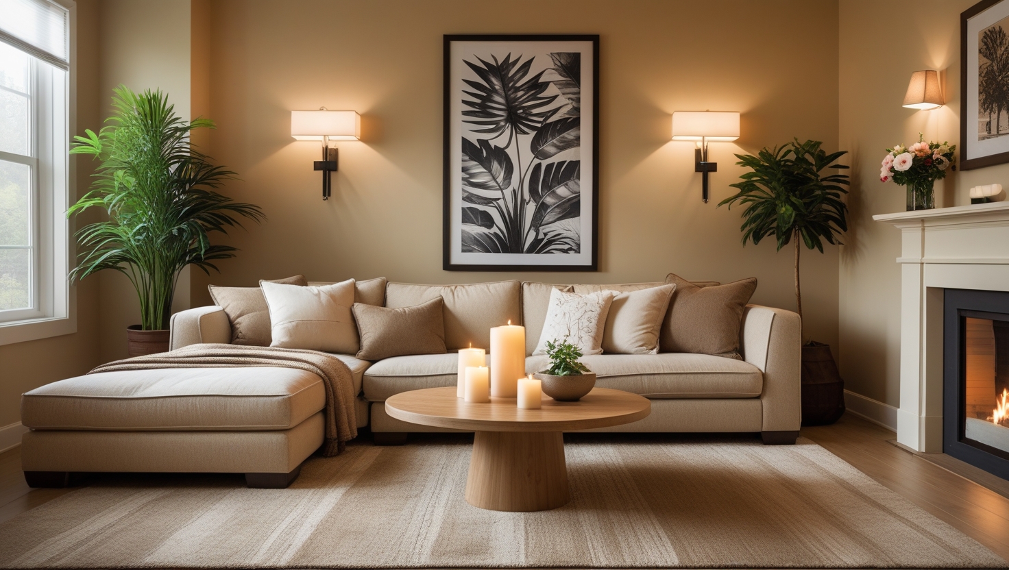 Cozy small living room with white and natural tones, warm ambient lighting, candles, and abstract wall art for a tranquil atmosphere.