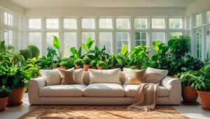 Stylish tropical living room with an Areca Palm plant in a decorative pot, paired with rattan chairs and airy summer décor.