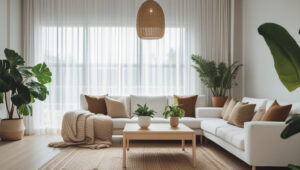 Bright summer living room decorated with indoor plants like snake plant and pothos, featuring natural sunlight and neutral furniture.