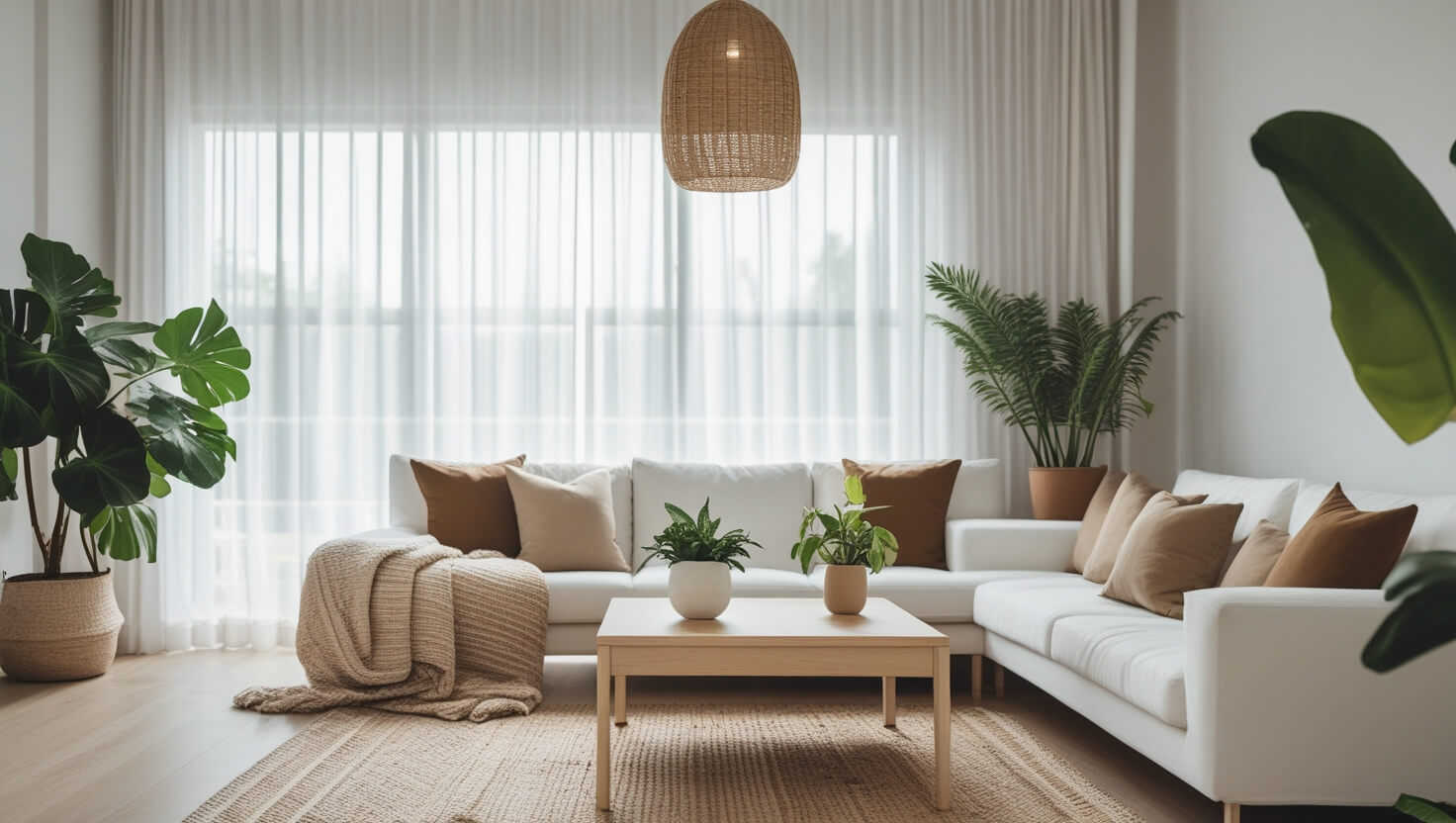 Bright summer living room decorated with indoor plants like snake plant and pothos, featuring natural sunlight and neutral furniture.