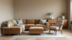 “Neutral-toned small living room with beige sofa and space-saving layout”