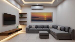 “Simple small living room design with clean lines and functional furniture”