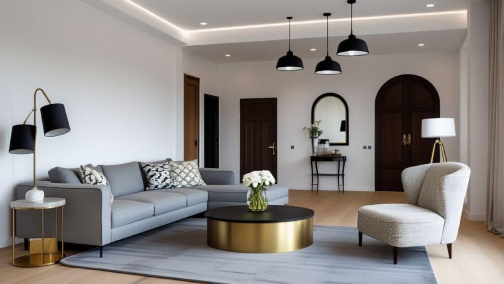 “Simple small living room design with clean lines and functional furniture”