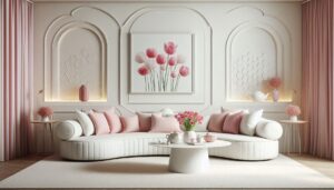 Bright spring living room with pastel pillows and natural light