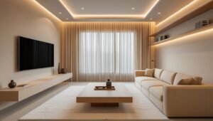 Elegant small living room with rose gold furniture and decorative room divider screen