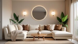 Small living room featuring a large round mirror and cozy decor for stylish space optimization