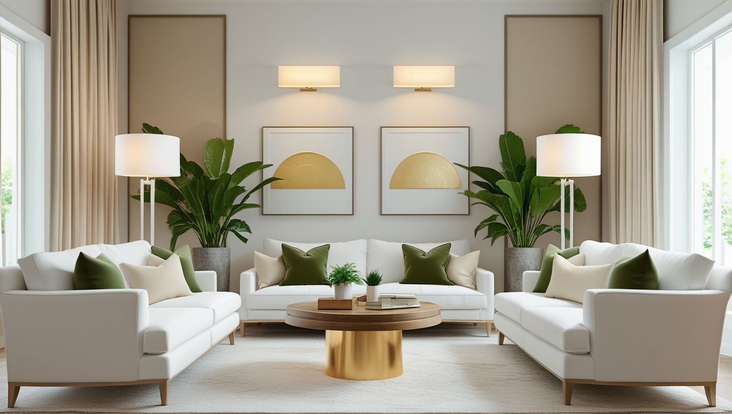 Modern small living room with white sofa and green cushions 