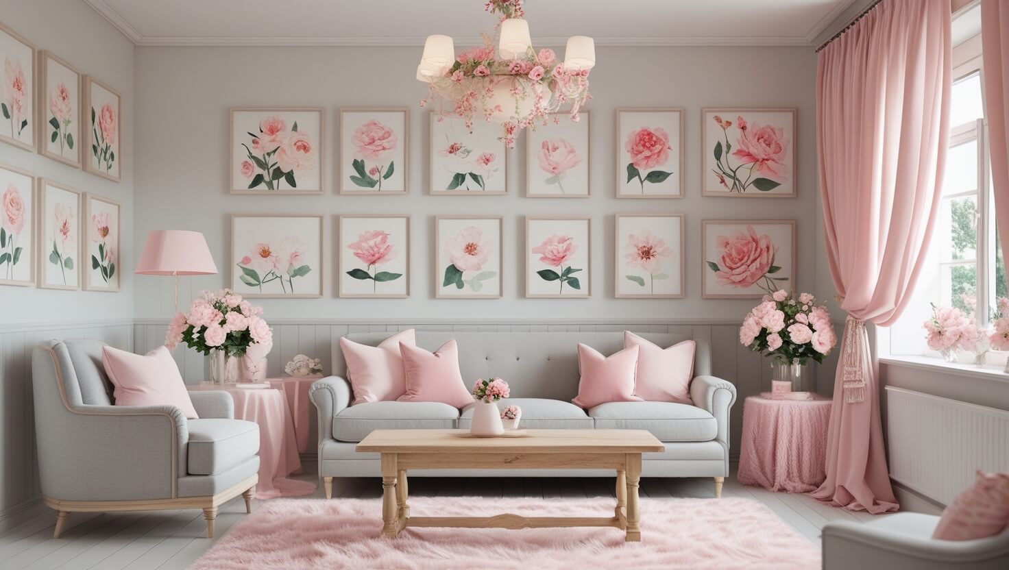 Spring living room design with floral accents and natural light