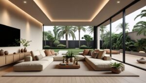 Cozy living room with leafy indoor plants and summer-inspired decor