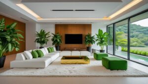 Bohemian summer living room with hanging spider plants and leafy vines, cozy textures, and earthy tones.