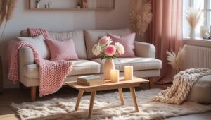 Small living room decorated with spring flowers and light decor