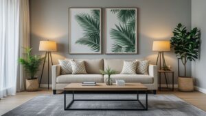 Summer-inspired living room accessories including candles, flowers, and coastal decor