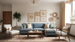 Cozy small living room with soft cushions and warm lighting