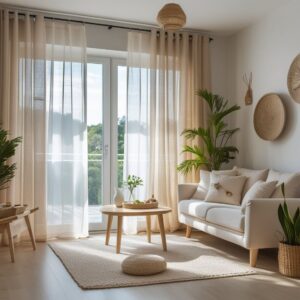 Modern living room with beige sheer curtains linen