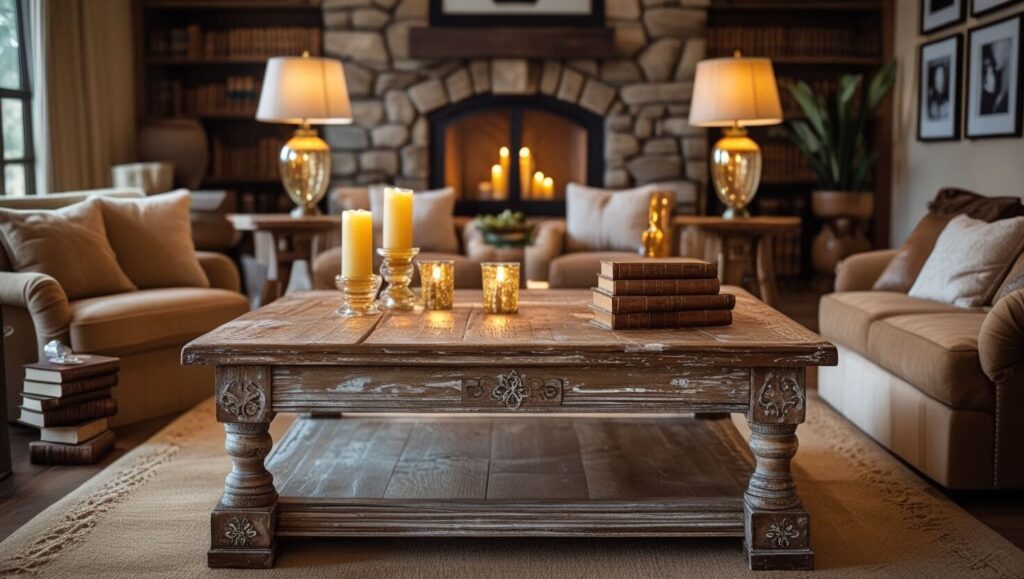 Cozy living room with candles and personal decor details for a warm feel.