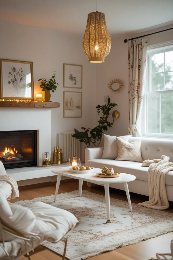 Cozy seating area with rug and cushions in a small space