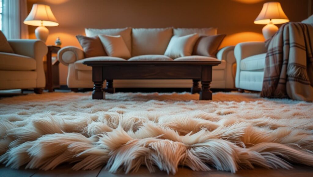 Soft and fluffy rug in a cozy living room for added comfort and warmth.