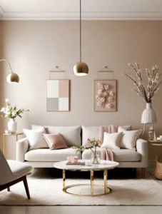 Small living room with warm earthy colors and wooden accents