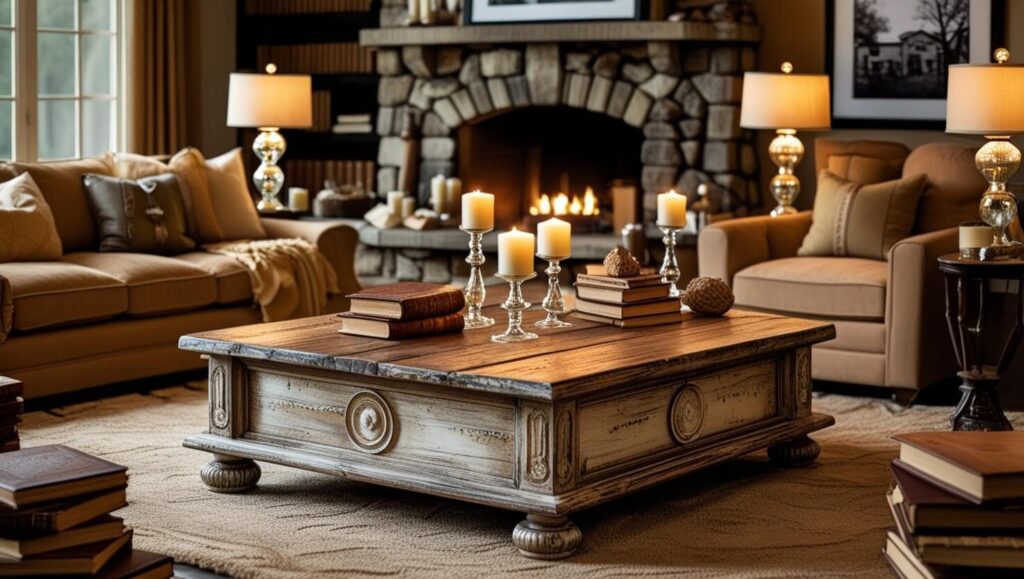 Earthy-toned cozy living room decor with throw pillows and warm lighting