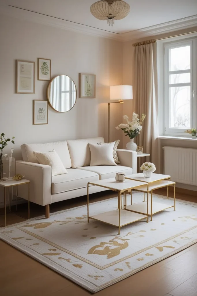 Cozy small living room with warm earthy tones and natural textures