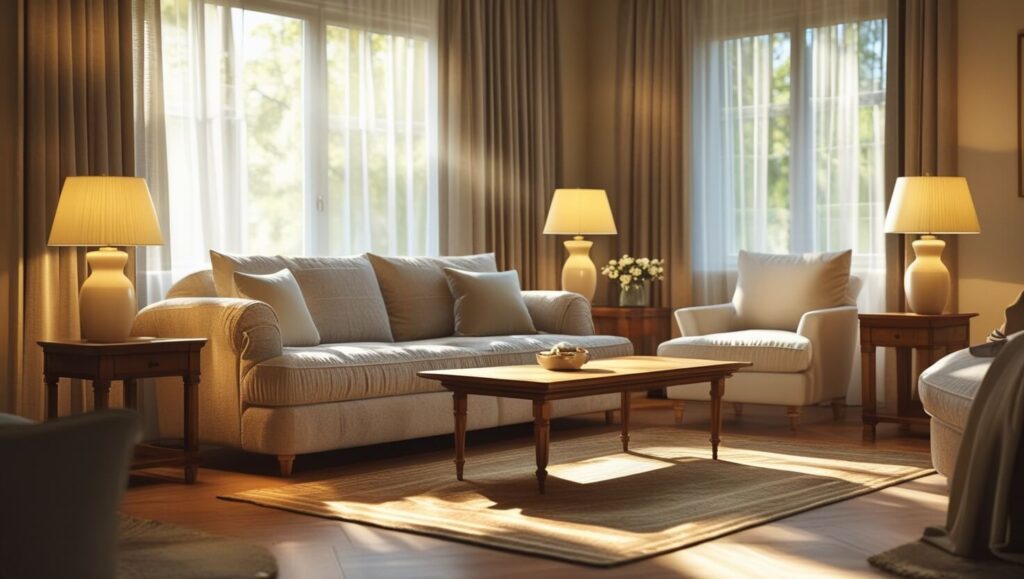 Warm floor lamp in corner beside accent chair