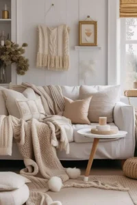 cozy living room with mixed textures like wool and linen
