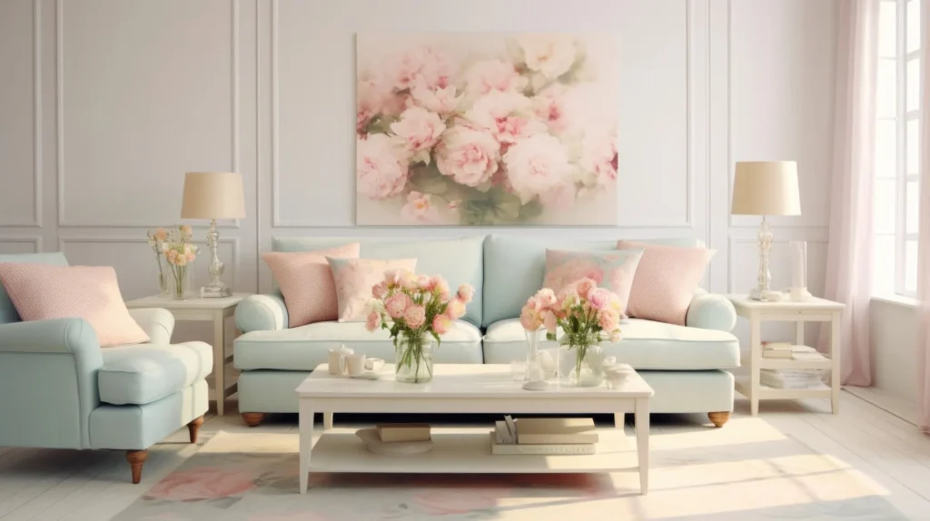 modern small living room styled with soft spring colors and clean lines