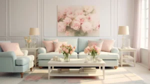 modern small living room styled with soft spring colors and clean lines