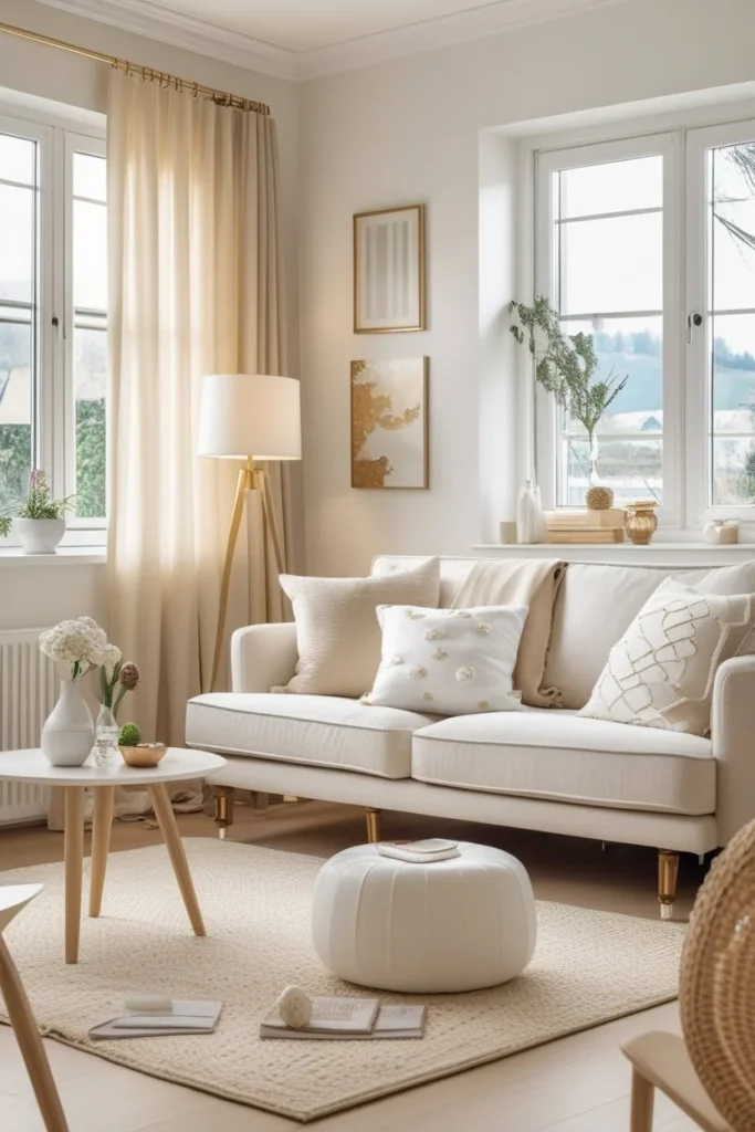 Rental-friendly, compact living room decor with removable wall styling