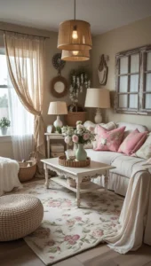 rustic wooden decor and woven baskets in a cozy small living room