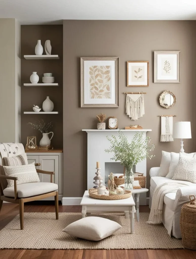 Stylish small living room wall decor with artwork and shelves