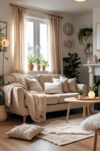 small living room with soft curtains and natural light