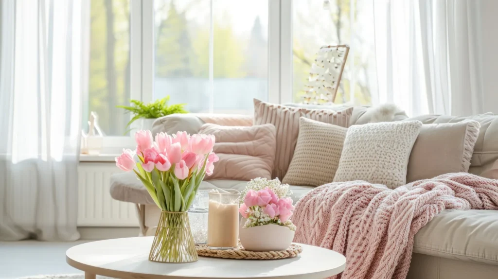 simple spring decor accents on a coffee table in a compact living room