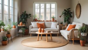 Neutral summer living room color palette: warm beiges, soft greens, and blush accents