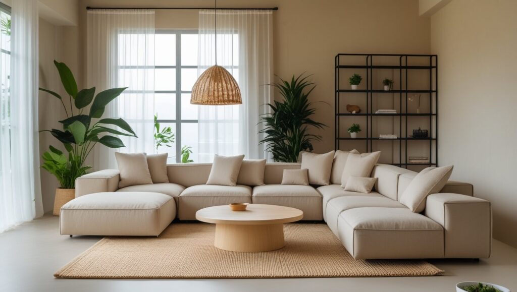 Beige couch with soft neutral pillows including ivory and light gray, for a cozy, elegant look