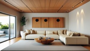 Compact modern living room styled in warm neutral tones