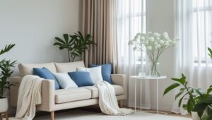 Neutral summer living room color palette: warm beiges, soft greens, and blush accents