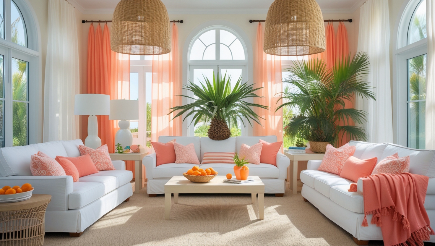 “Living room with soft coral cushions and teal rug for a seasonal refresh”