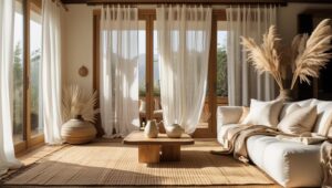 Cozy living room with quality linen curtains, warm sunlight, and neutral-toned decor for a welcoming feel.