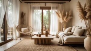 Sheer linen curtains blowing in the sunlight through a cozy living room window
