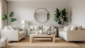 A stylish living room with a large mirror reflecting natural light from a nearby window