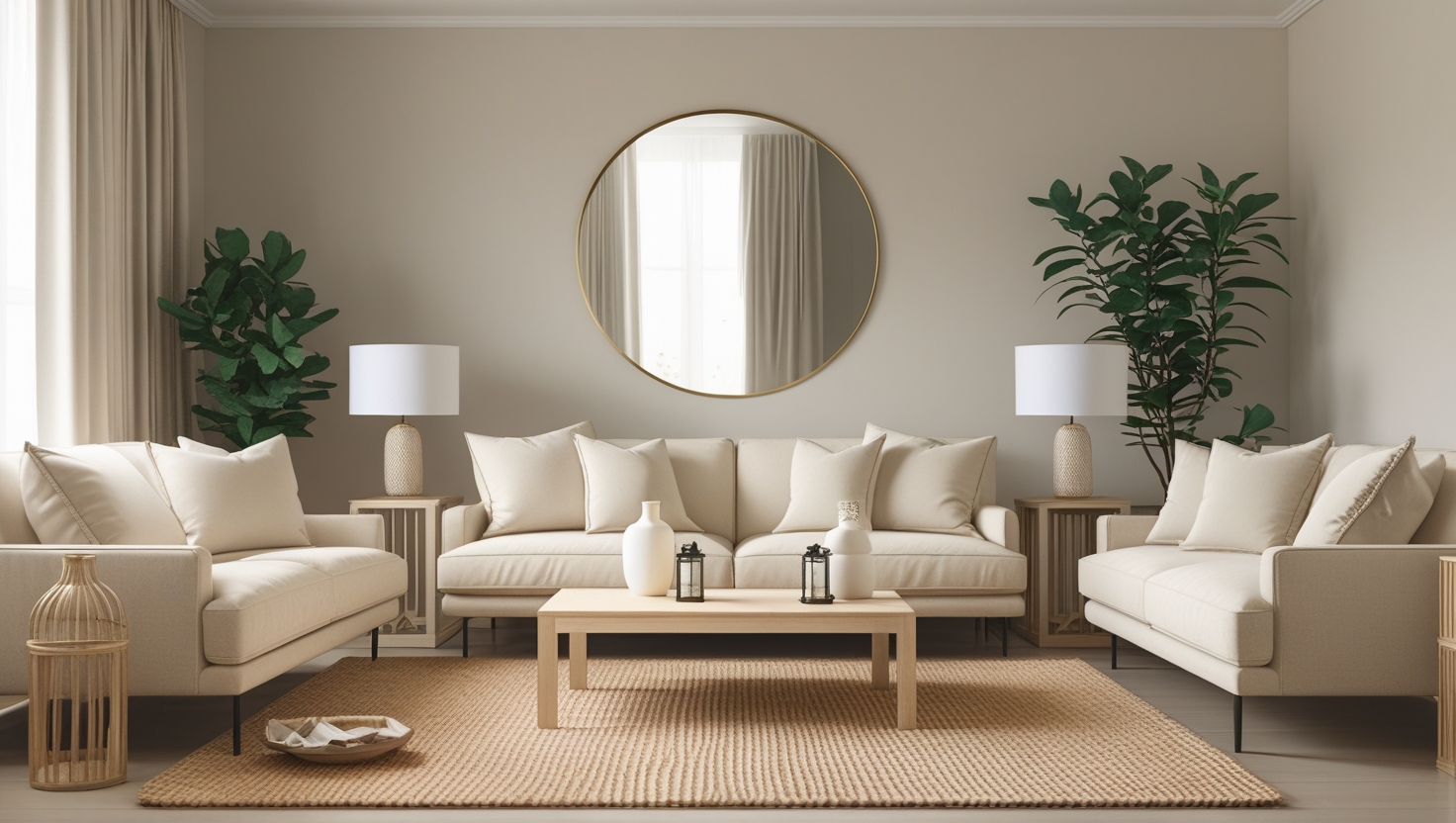 A stylish living room with a large mirror reflecting natural light from a nearby window